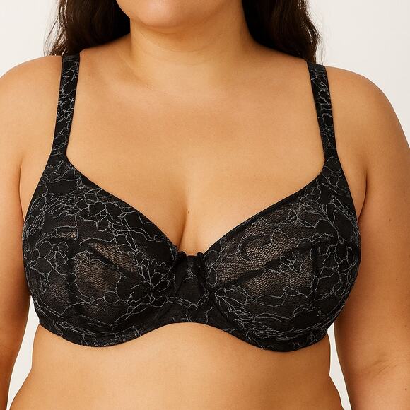 Cacique Black Lace Embroidered Balconette Bra Underwire Bow Size 46D - Picture 1 of 8